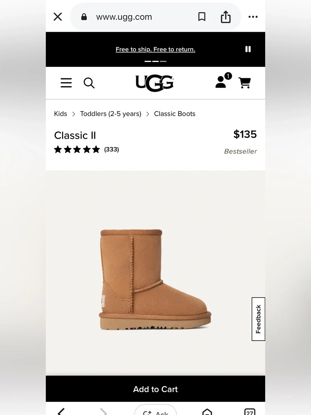New In Box - Uggs Kids Classic II Chestnut Boots - Size 7 Toddler
